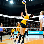 **

Prompt: Dynamic action shot of a volleyball game, showcasing a player spiking the ball mid-air, defenders attempting to block, bright indoor arena lighting, focus on athleticism and intensity, social media style highlight reel frame, diverse audience cheering in the background.

**