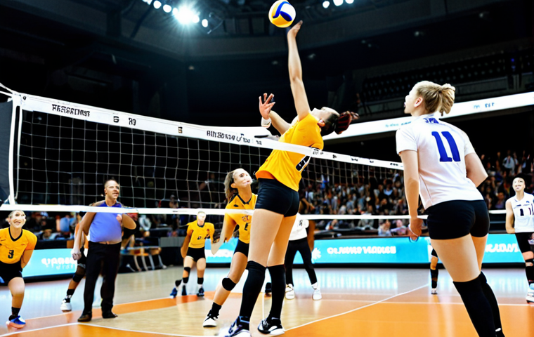 **

Prompt: Dynamic action shot of a volleyball game, showcasing a player spiking the ball mid-air, defenders attempting to block, bright indoor arena lighting, focus on athleticism and intensity, social media style highlight reel frame, diverse audience cheering in the background.

**
