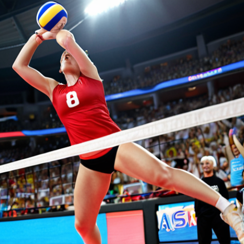 Home 6 A volleyball player mid-air, spiking a ball with intense focus, sweat dripping, and a determined expression, with a heart rate monitor visible on their wrist. The background is blurred, showing a packed stadium with cheering fans. This image visually represents the combination of skill and aerobic fitness.