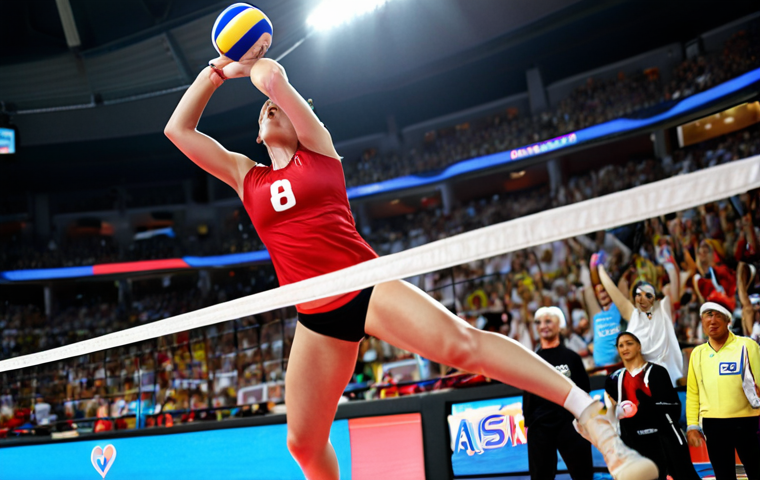 A volleyball player mid-air, spiking a ball with intense focus, sweat dripping, and a determined expression, with a heart rate monitor visible on their wrist. The background is blurred, showing a packed stadium with cheering fans. This image visually represents the combination of skill and aerobic fitness.