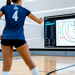 A focused professional female volleyball player in a modest, high-performance athletic jersey and shorts, standing in a sleek, modern sports analytics room. She is reviewing detailed holographic data visualizations projected onto a large transparent screen, displaying heat maps of court movement, intricate graphs of jump height consistency, and spike velocity metrics. The room features a clean, futuristic design with soft ambient lighting. The player exhibits perfect anatomy, correct proportions, and a natural, attentive pose. This image is safe for work, appropriate content, fully clothed, and family-friendly, emphasizing professional development. Well-formed hands, proper finger count, natural body proportions.