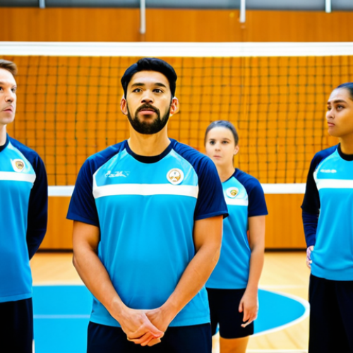 Home 23 A professional volleyball team of diverse male and female athletes, fully clothed in modest, official team uniforms, engaged in a strategic training session on a brightly lit indoor volleyball court. One player is demonstrating a precise technique, while teammates observe with focused attention. The background shows a modern, professional training facility. Professional photography, high detail, sharp focus, vibrant colors, perfect anatomy, correct proportions, natural pose, well-formed hands, proper finger count, natural body proportions, safe for work, appropriate content, fully clothed, professional, family-friendly.