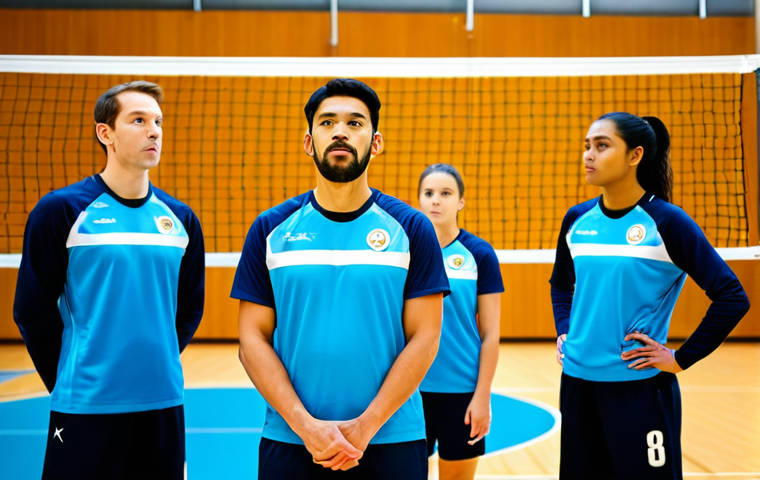 A professional volleyball team of diverse male and female athletes, fully clothed in modest, official team uniforms, engaged in a strategic training session on a brightly lit indoor volleyball court. One player is demonstrating a precise technique, while teammates observe with focused attention. The background shows a modern, professional training facility. Professional photography, high detail, sharp focus, vibrant colors, perfect anatomy, correct proportions, natural pose, well-formed hands, proper finger count, natural body proportions, safe for work, appropriate content, fully clothed, professional, family-friendly.