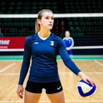 A professional adult female volleyball player, fully clothed in modest athletic wear, stands poised on a brightly lit indoor court. She is captured mid-action, preparing for a strategic serve, with an intense focus in her eyes, demonstrating mental fortitude and deep strategic analysis of the game. Her pose is natural, showcasing perfect anatomy and correct proportions. The background is a modern volleyball arena with clear court lines and a blurred, professional ambiance suggesting a high-stakes match. This image is professional photography, with high detail, sharp focus, and natural lighting, safe for work, appropriate content, fully clothed, modest attire, family-friendly. It features well-formed hands, proper finger count, and natural body proportions.