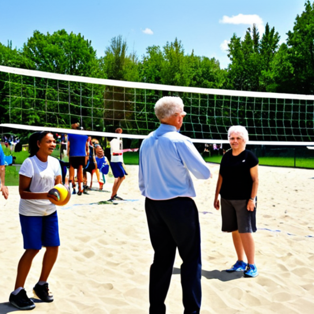 Community Volleyball Event**

"A diverse group of fully clothed people of various ages are playing volleyball at a newly renovated local park. The sun is shining, and there are families cheering from the sidelines. The volleyball court is well-maintained with new nets and benches. Everyone is smiling and appears to be having fun. safe for work, appropriate content, professional photography, perfect anatomy, natural proportions, family-friendly, fully clothed, modest attire."

**