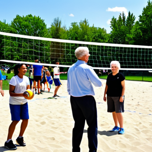 Home 21 Community Volleyball Event**
"A diverse group of fully clothed people of various ages are playing volleyball at a newly renovated local park. The sun is shining, and there are families cheering from the sidelines. The volleyball court is well-maintained with new nets and benches. Everyone is smiling and appears to be having fun. safe for work, appropriate content, professional photography, perfect anatomy, natural proportions, family-friendly, fully clothed, modest attire."
**