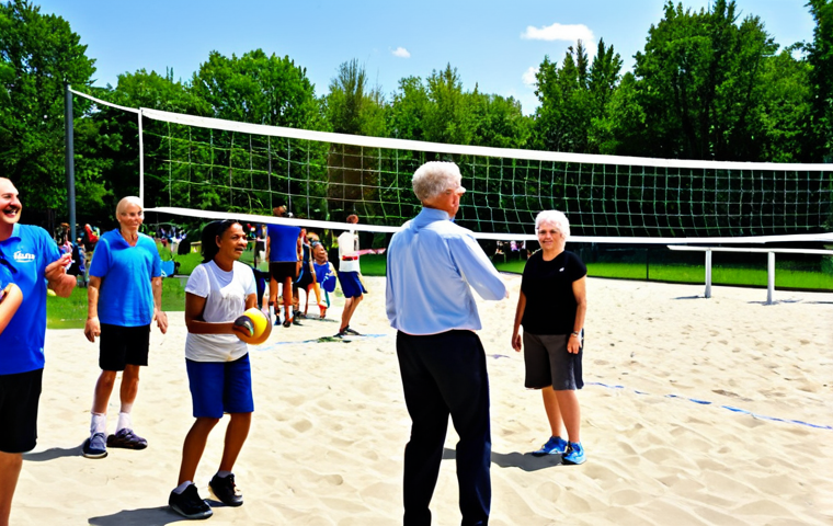 Community Volleyball Event**
"A diverse group of fully clothed people of various ages are playing volleyball at a newly renovated local park. The sun is shining, and there are families cheering from the sidelines. The volleyball court is well-maintained with new nets and benches. Everyone is smiling and appears to be having fun. safe for work, appropriate content, professional photography, perfect anatomy, natural proportions, family-friendly, fully clothed, modest attire."
**