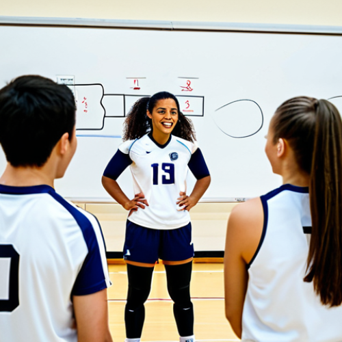 Home 10 Pre-Tournament Strategy Meeting**
"A diverse group of volleyball players in athletic wear, fully clothed, gathered around a whiteboard in a brightly lit gymnasium, discussing strategy. The whiteboard displays diagrams of volleyball formations and plays. Energetic atmosphere. Safe for work, appropriate content, family-friendly, professional sports photography, perfect anatomy, natural proportions."
**