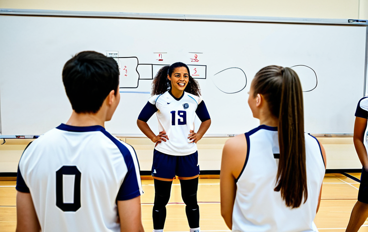 Pre-Tournament Strategy Meeting**
"A diverse group of volleyball players in athletic wear, fully clothed, gathered around a whiteboard in a brightly lit gymnasium, discussing strategy. The whiteboard displays diagrams of volleyball formations and plays. Energetic atmosphere. Safe for work, appropriate content, family-friendly, professional sports photography, perfect anatomy, natural proportions."
**