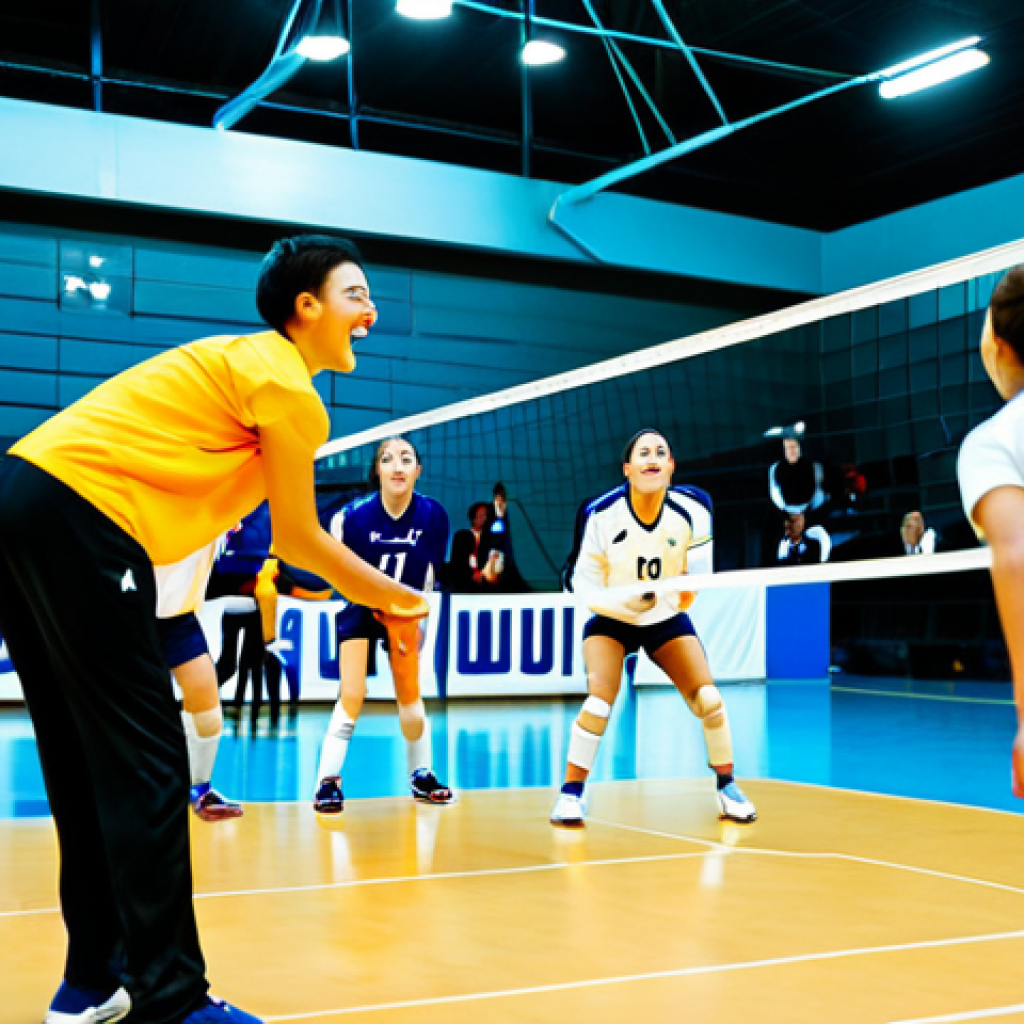 배구의 주요 스토리 - **Image:** A dynamic volleyball match scene.
    **Prompt:** "Action shot of a volleyball game in pr...