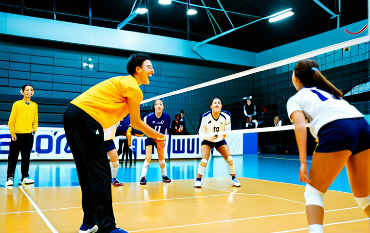 배구의 주요 스토리 - **Image:** A dynamic volleyball match scene.
    **Prompt:** "Action shot of a volleyball game in pr...