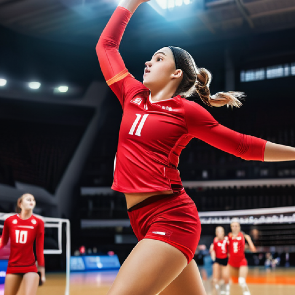 배구 유니폼 색상 선택 팁 - **Prompt:** A highly dynamic action shot of a female volleyball player mid-jump, delivering a powerf...