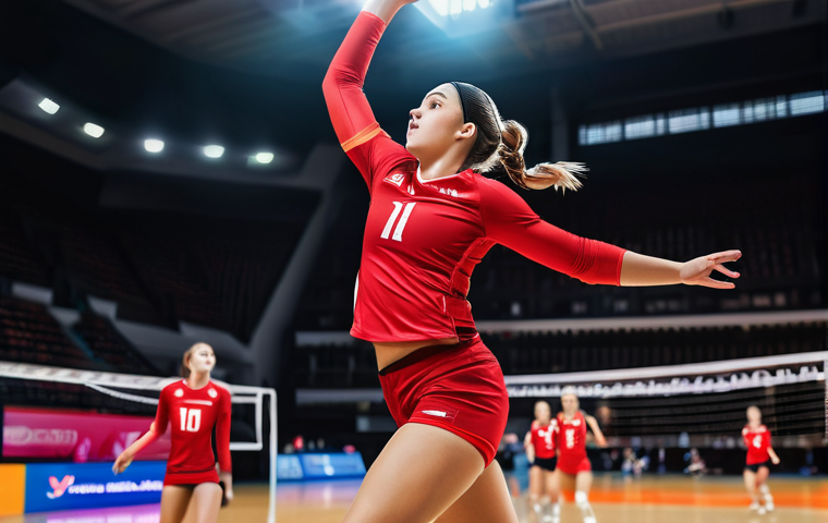 배구 유니폼 색상 선택 팁 - **Prompt:** A highly dynamic action shot of a female volleyball player mid-jump, delivering a powerf...