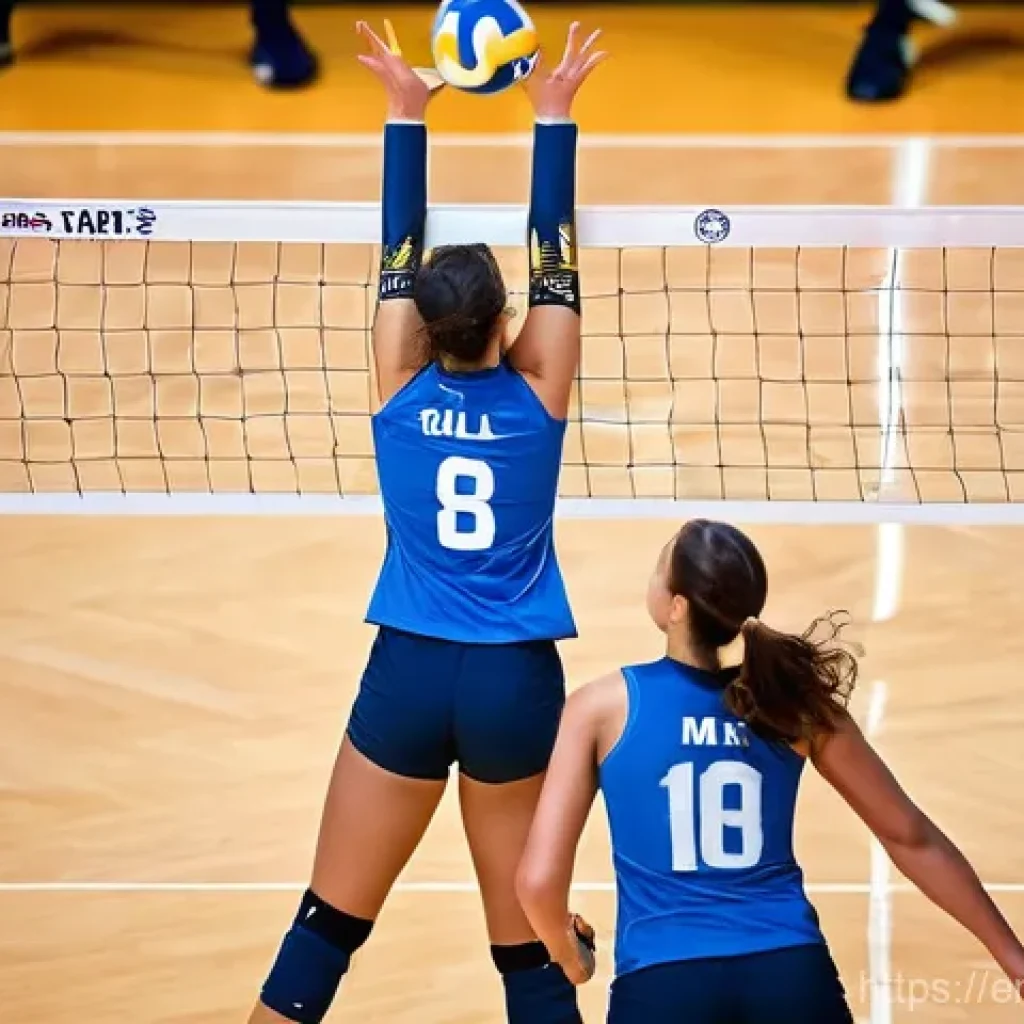 배구 코트 규격 - **Dynamic Indoor Volleyball Match:**
    A photorealistic, high-definition image capturing a thrilli...