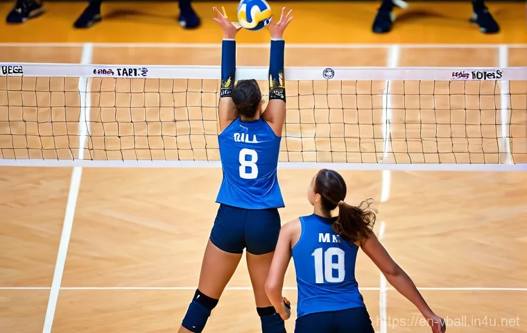 배구 코트 규격 - **Dynamic Indoor Volleyball Match:**
    A photorealistic, high-definition image capturing a thrilli...