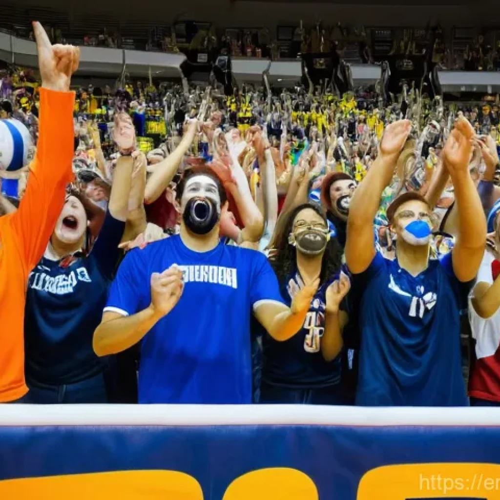 배구 경기 관람 매너 - **Subject:** A vibrant and diverse crowd of sports fans at an indoor volleyball championship game.
...