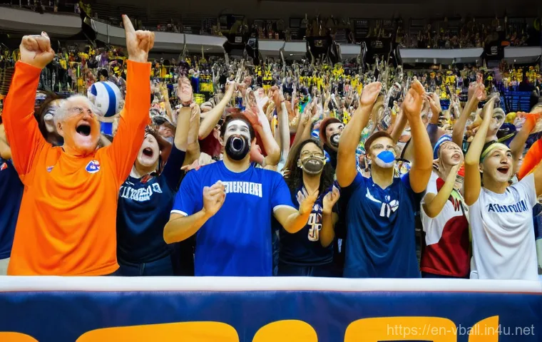 배구 경기 관람 매너 - **Subject:** A vibrant and diverse crowd of sports fans at an indoor volleyball championship game.
 ...