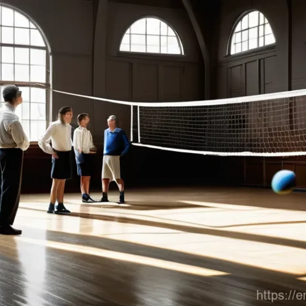 배구의 역사 - **Prompt:** A historical illustration or realistic painting depicting the invention of "Mintonette" ...