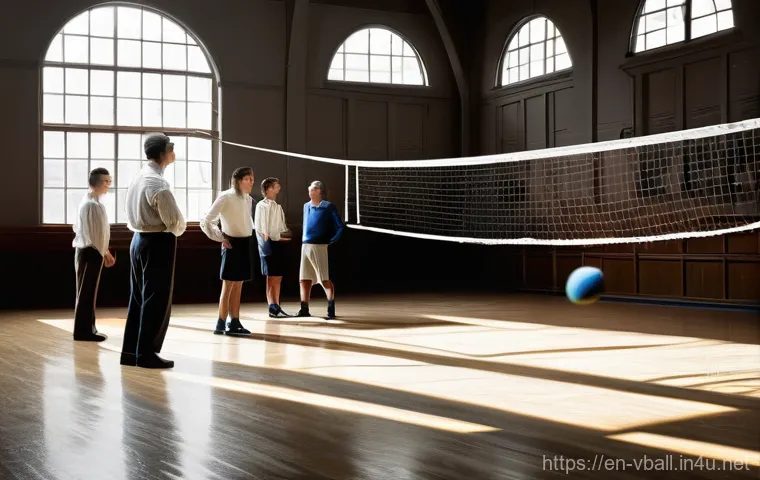 배구의 역사 - **Prompt:** A historical illustration or realistic painting depicting the invention of "Mintonette" ...