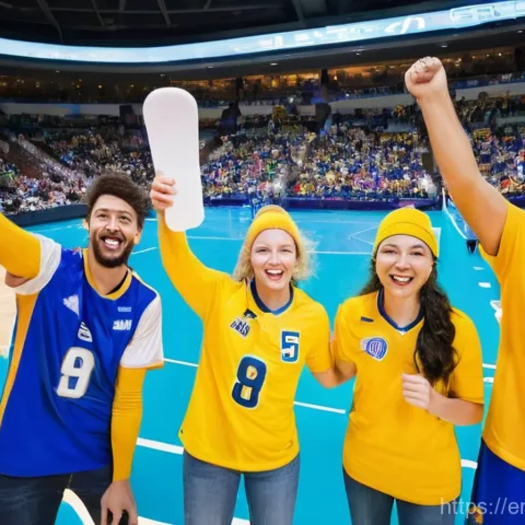 배구 경기장에서 지켜야 할 규칙 - **Vibrant Fan Energy and Team Spirit**
    "A dynamic, wide-angle shot of a diverse group of highly ...