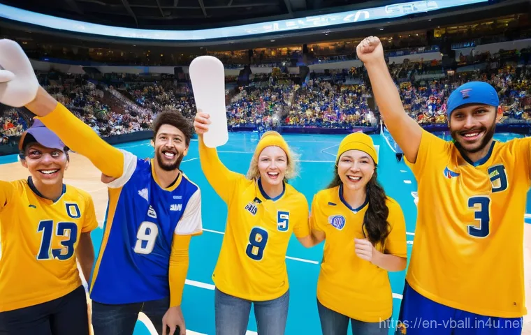 배구 경기장에서 지켜야 할 규칙 - **Vibrant Fan Energy and Team Spirit**
    "A dynamic, wide-angle shot of a diverse group of highly ...