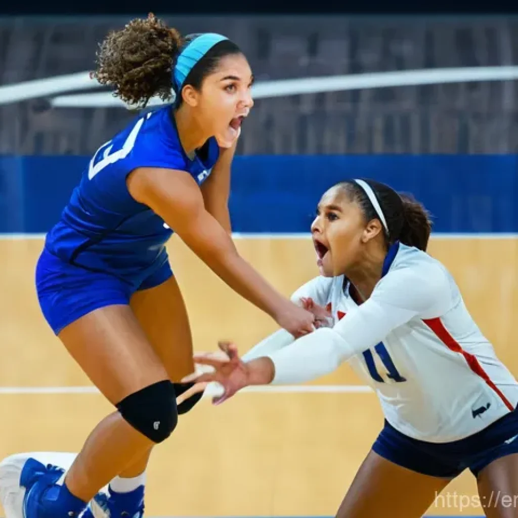 배구 경기에서의 의사소통 - **Dynamic Volleyball Save with Verbal Cue:**
    A dynamic indoor volleyball scene. Two female volle...