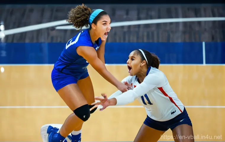 배구 경기에서의 의사소통 - **Dynamic Volleyball Save with Verbal Cue:**
    A dynamic indoor volleyball scene. Two female volle...