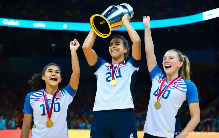 배구 대회 상금 정보 - **Prompt:** A diverse group of three female professional volleyball players celebrating a point in a...