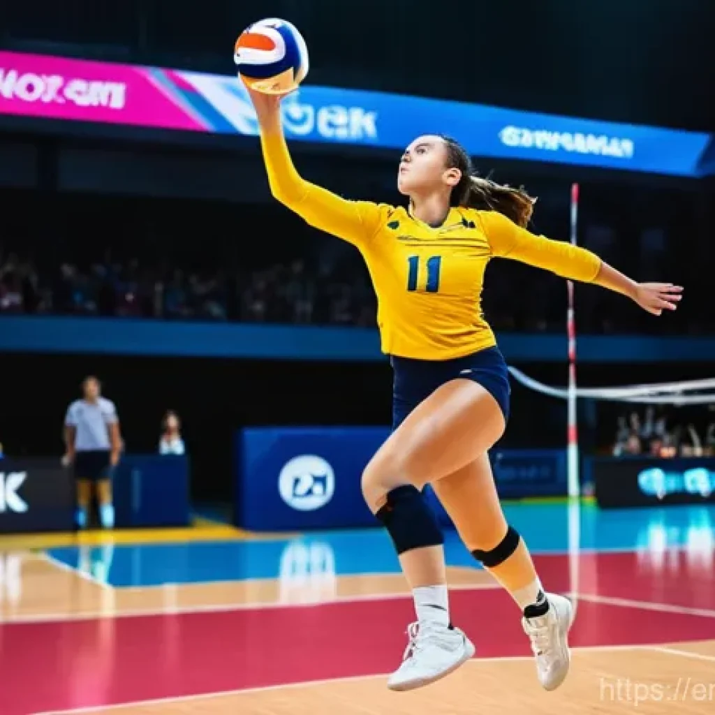 배구 경기 전략의 변화 - **The Apex Jump Server:** A powerful female volleyball player in peak athletic form, captured mid-ai...
