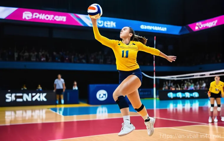 배구 경기 전략의 변화 - **The Apex Jump Server:** A powerful female volleyball player in peak athletic form, captured mid-ai...