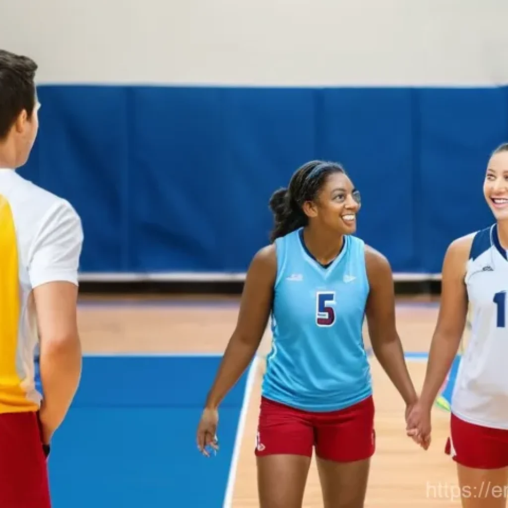 배구 클럽 가입 방법 - **Prompt:** A vibrant, sun-drenched indoor volleyball court. A diverse group of adult athletes, rang...