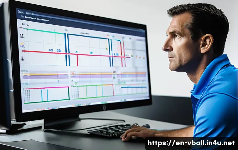 배구 경기 기록 관리 - **Prompt:** A focused male volleyball coach in his mid-40s, with an athletic build, wearing a clean,...