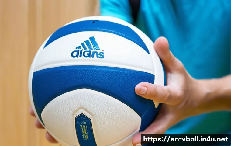 배구공 유지 보수 - **Prompt:** A close-up shot of a young adult's hands, carefully cleaning a pristine, white and blue ...