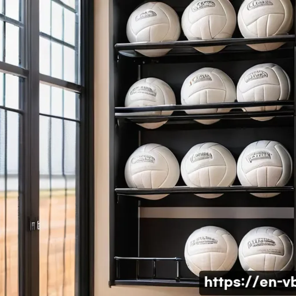 배구공 보관 팁 - A well-organized indoor sports storage room featuring a wooden volleyball rack holding multiple voll...