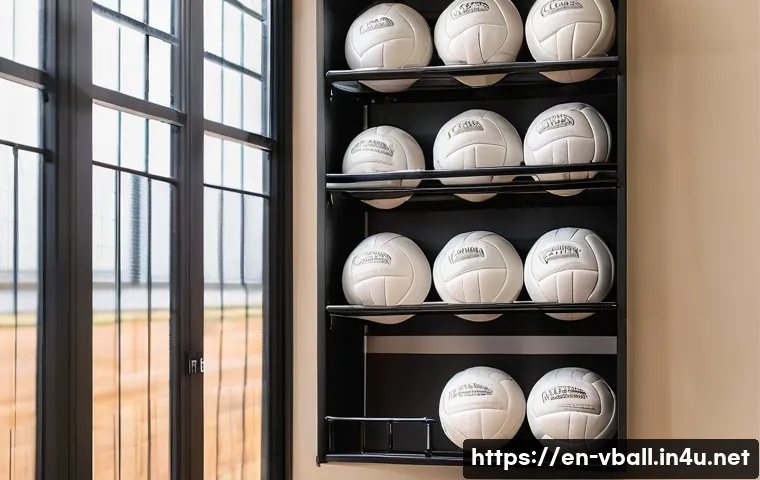 배구공 보관 팁 - A well-organized indoor sports storage room featuring a wooden volleyball rack holding multiple voll...