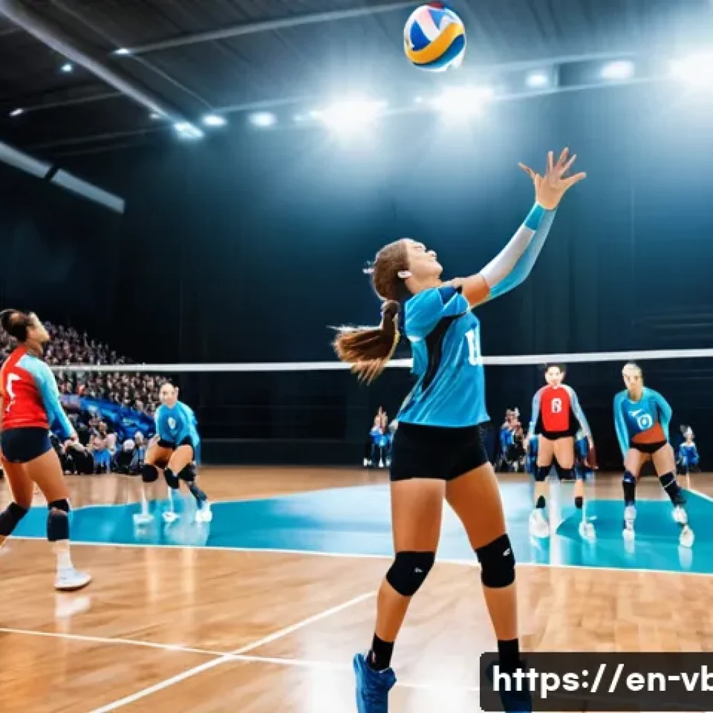 배구 경기의 주요 포인트 - A dynamic indoor volleyball scene featuring a female athlete executing a powerful jump serve with pe...