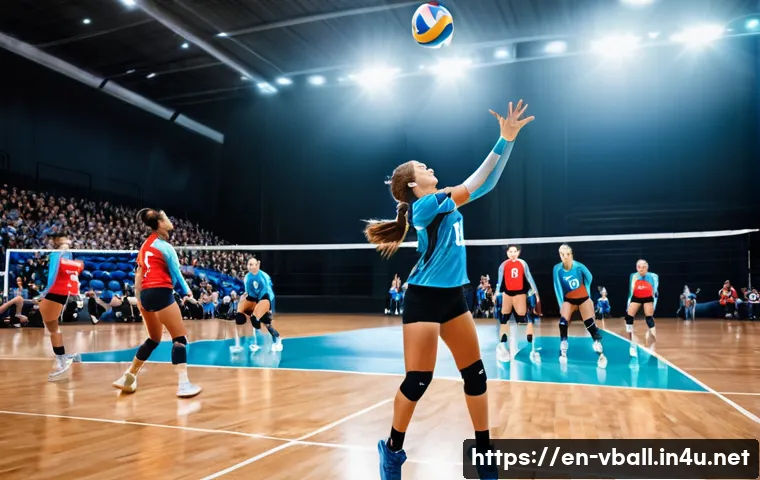 배구 경기의 주요 포인트 - A dynamic indoor volleyball scene featuring a female athlete executing a powerful jump serve with pe...