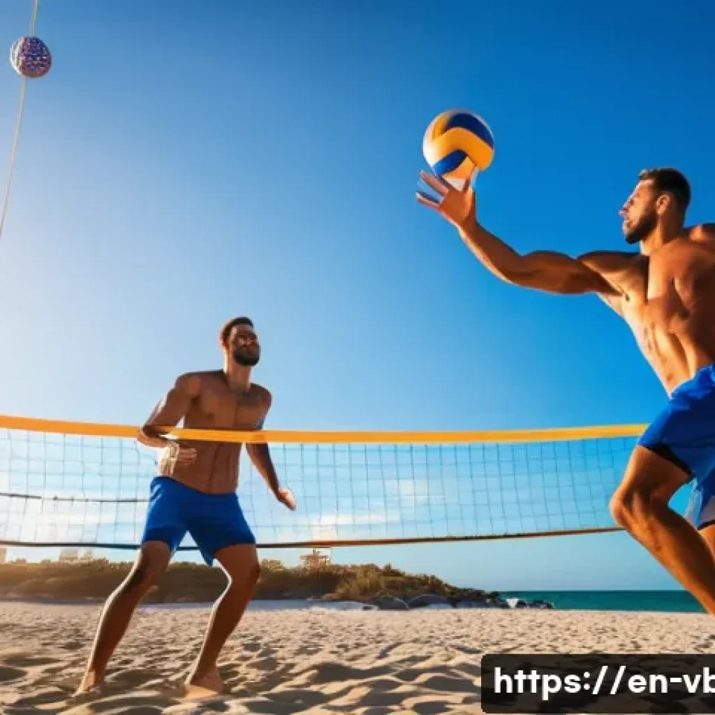 배구 경기에서의 효과적인 서브 - A dynamic male volleyball player executing a powerful jump serve on an outdoor beach volleyball cour...