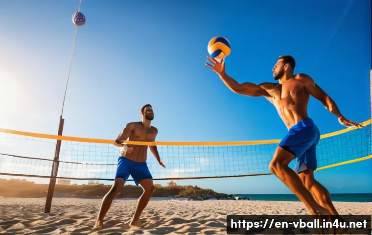 배구 경기에서의 효과적인 서브 - A dynamic male volleyball player executing a powerful jump serve on an outdoor beach volleyball cour...