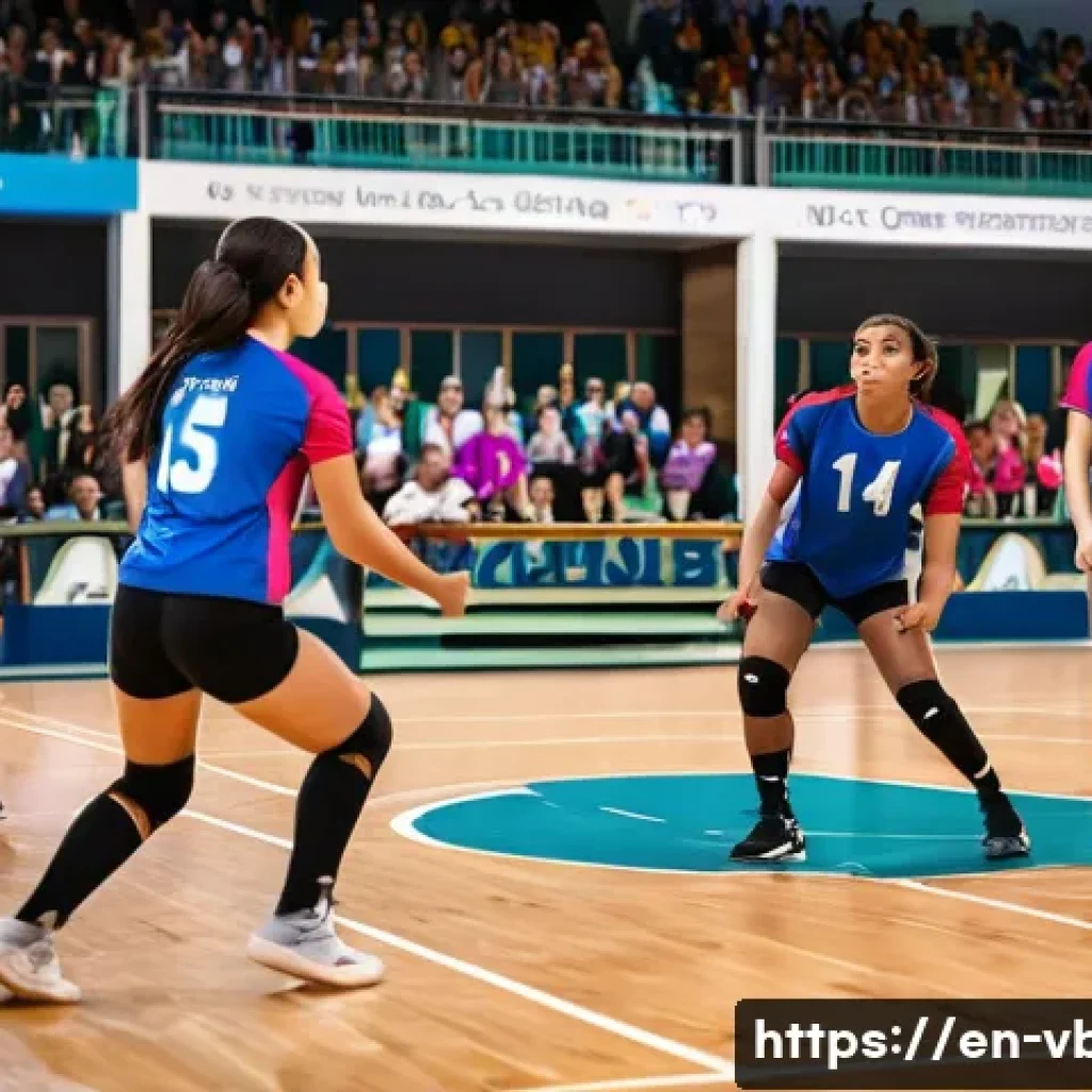 배구 경기 중 팀 리더십 개발 - A dynamic volleyball team scene on an indoor court during a tense match, featuring a diverse group o...