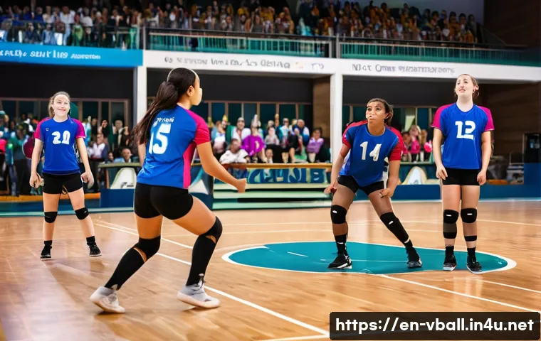 배구 경기 중 팀 리더십 개발 - A dynamic volleyball team scene on an indoor court during a tense match, featuring a diverse group o...