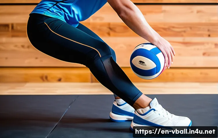 배구 무릎 보호대 추천 - A dynamic volleyball player wearing a sleek, low-profile black neoprene and spandex knee pad with ad...