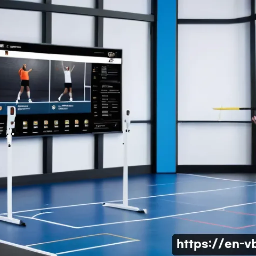 배구 훈련 앱 리뷰 - A dynamic indoor volleyball training scene featuring a diverse group of players wearing athletic spo...