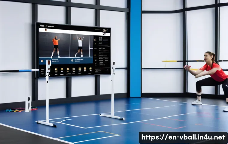 배구 훈련 앱 리뷰 - A dynamic indoor volleyball training scene featuring a diverse group of players wearing athletic spo...