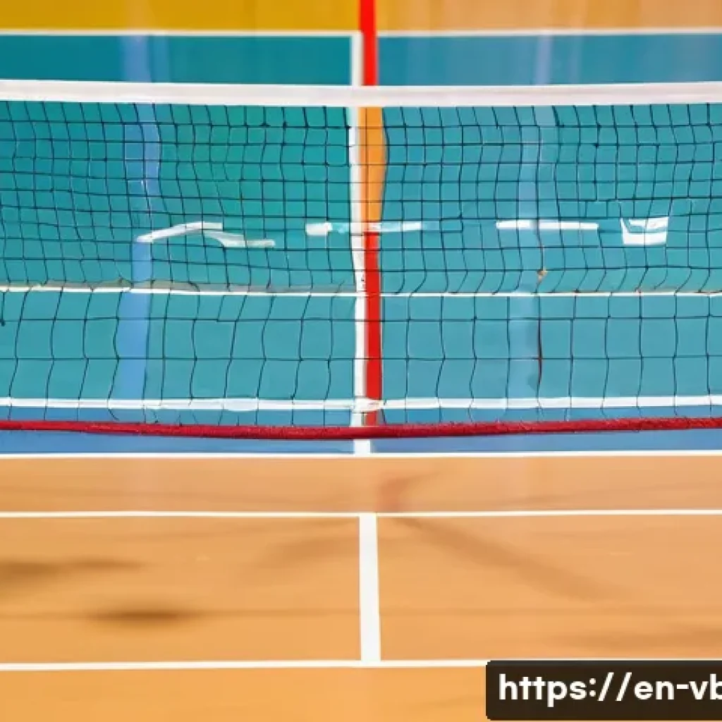 배구 네트 높이와 조정법 - A professional indoor volleyball court scene showing a men's official volleyball net set precisely a...