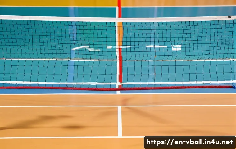 배구 네트 높이와 조정법 - A professional indoor volleyball court scene showing a men's official volleyball net set precisely a...