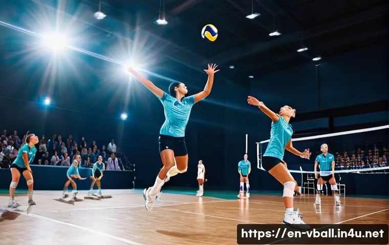 배구 선수 전술 분석 - A dynamic volleyball scene featuring a male and female player executing a variety of serves on an in...