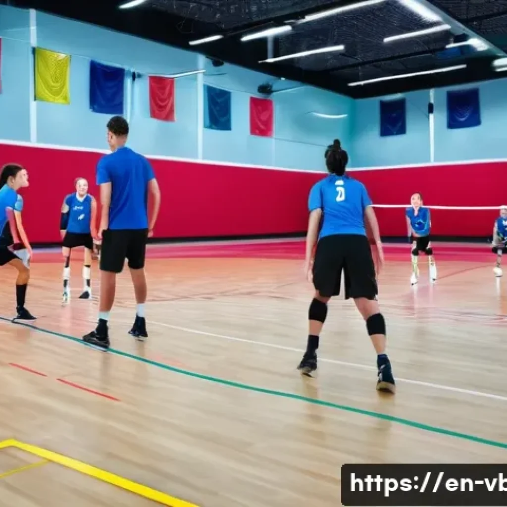 배구 팀 훈련 캠프 - A dynamic volleyball training scene on a pristine indoor court with polished wooden floors and regul...