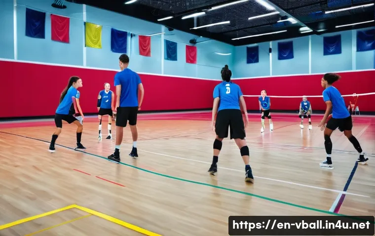 배구 팀 훈련 캠프 - A dynamic volleyball training scene on a pristine indoor court with polished wooden floors and regul...