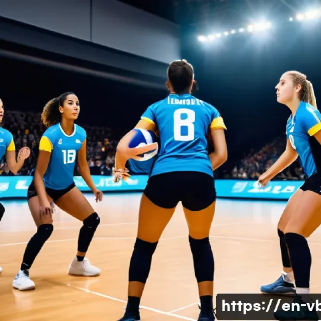 배구 경기 중 효율적인 작전 활용 - A dynamic volleyball match scene showing a diverse team of six players in modern athletic uniforms w...